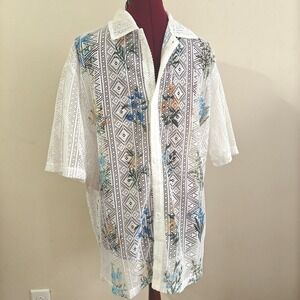 INCERUN Mens White Sheer mesh Lace Floral Short Sleeve Button Up Shirt Medium
